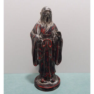 Antique Cast Iron Door Stop Confucius Statue Red Black 14" Tall